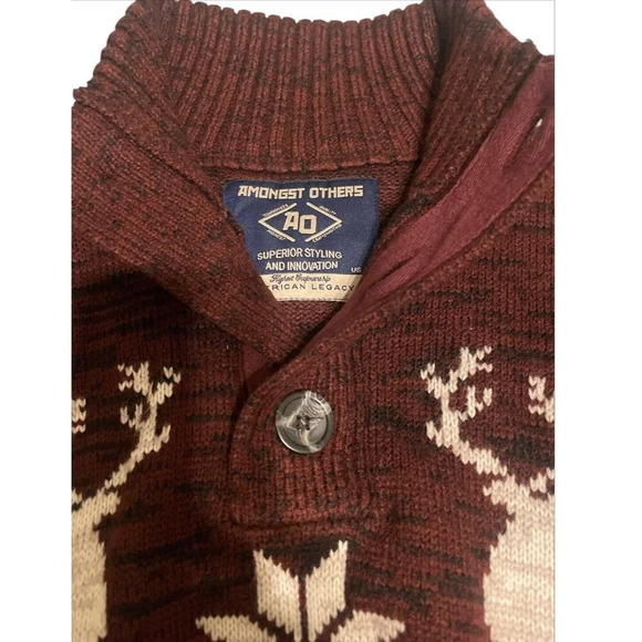 Amongst Others Reindeer Sweater Christmas Burgundy Tan Winter Men’s Medium - Picture 4 of 7